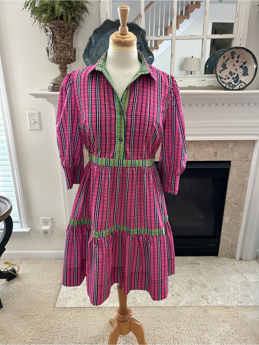 Gretchen Scott Designs Pink Plaid Shirt Dress with Green Trim